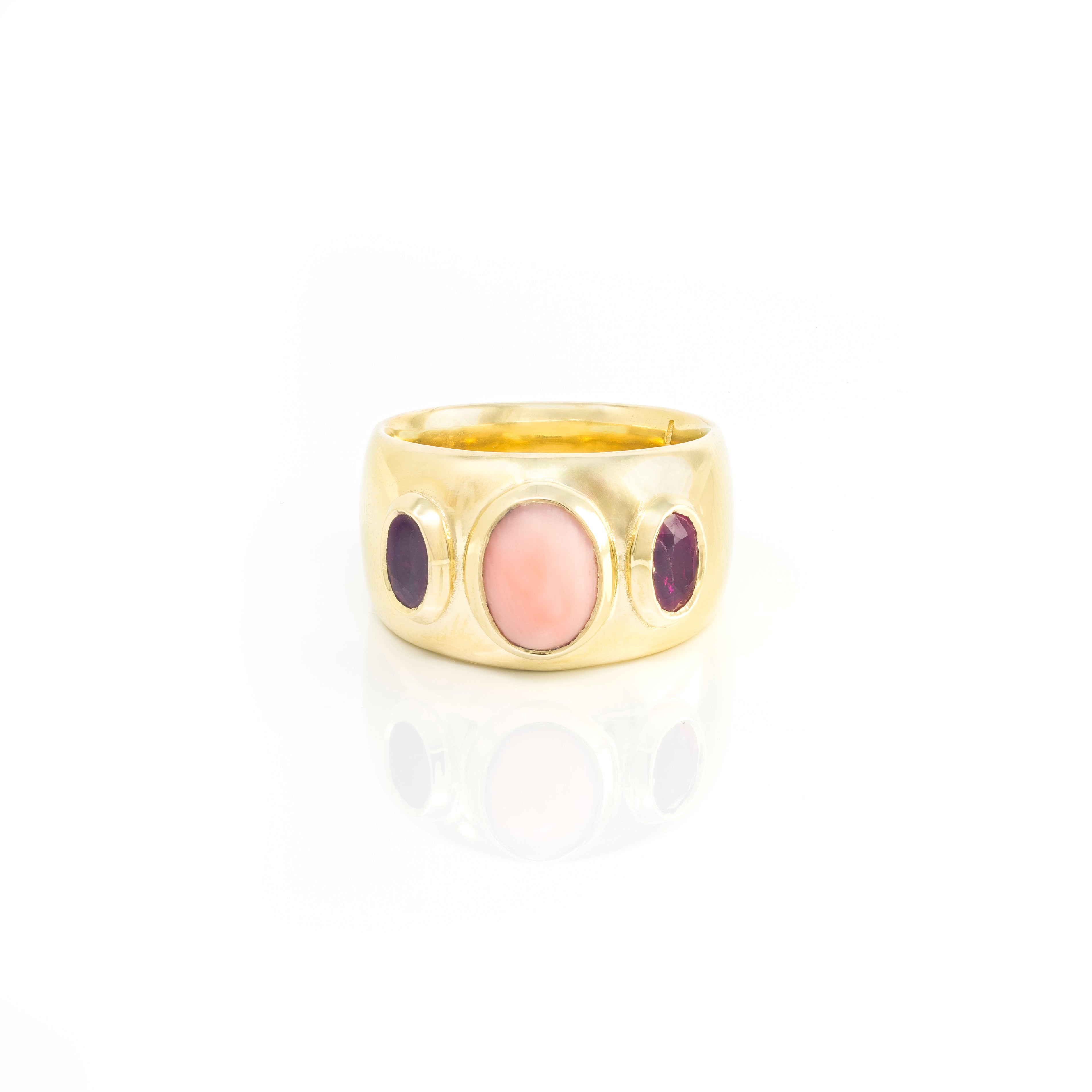 Three Stone Pink Sapphire and Coral Ring