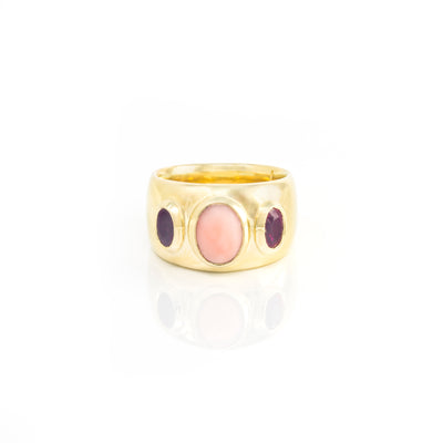 Three Stone Pink Sapphire and Coral Ring
