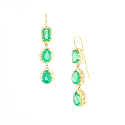 3 Stone Emerald Drop Earrings
