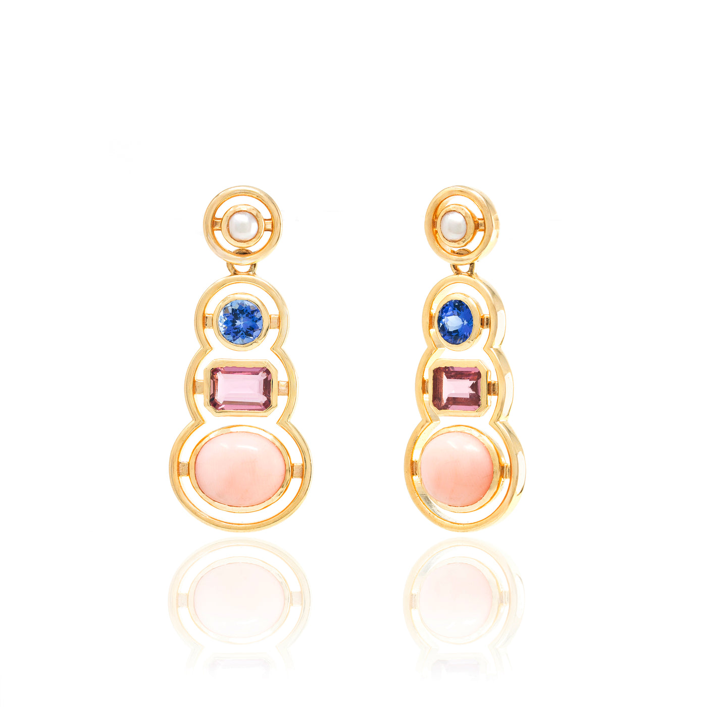 Pearl, Blue Amethyst, Pink Tourmaline, & Coral Morse Code Earrings
