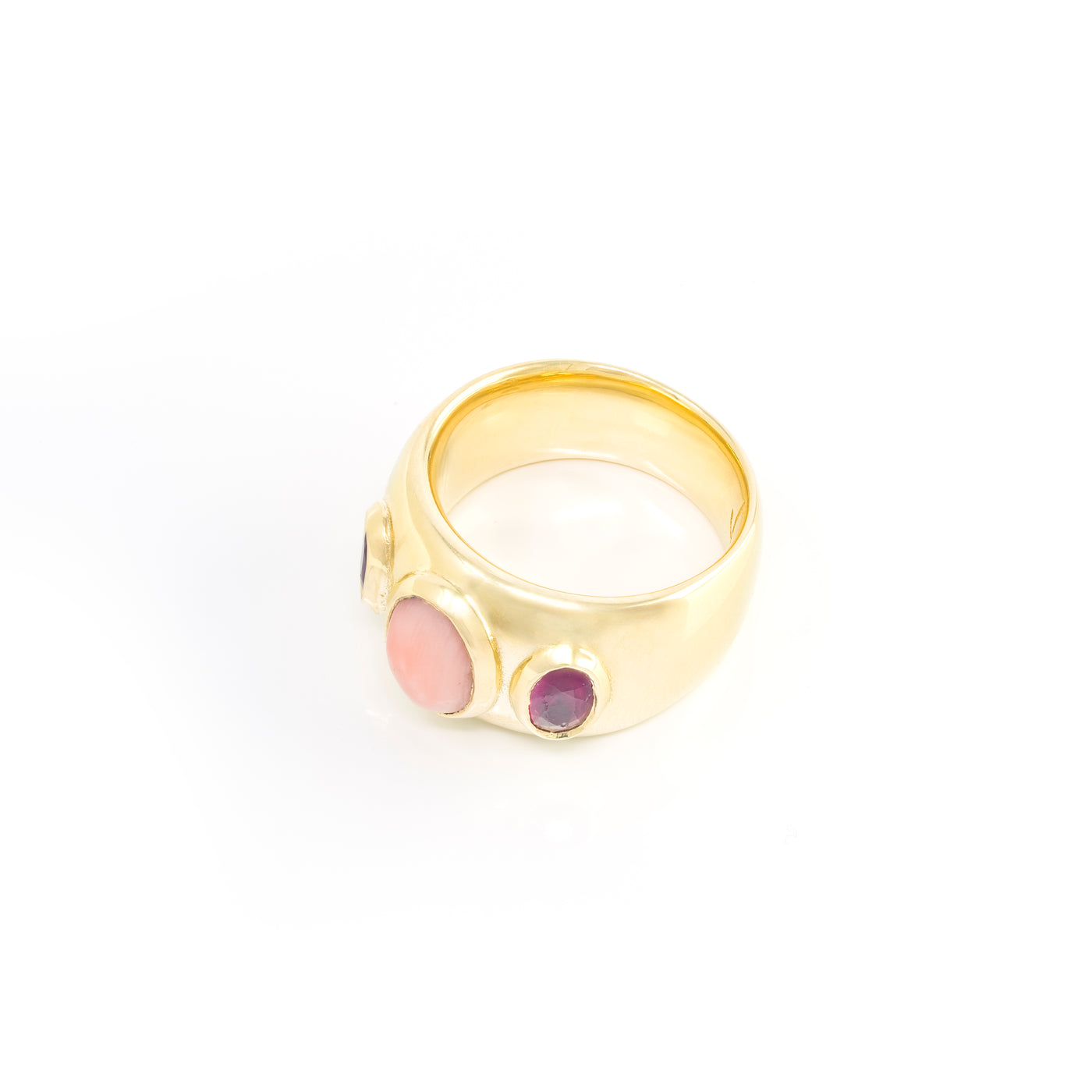 Three Stone Pink Sapphire and Coral Ring