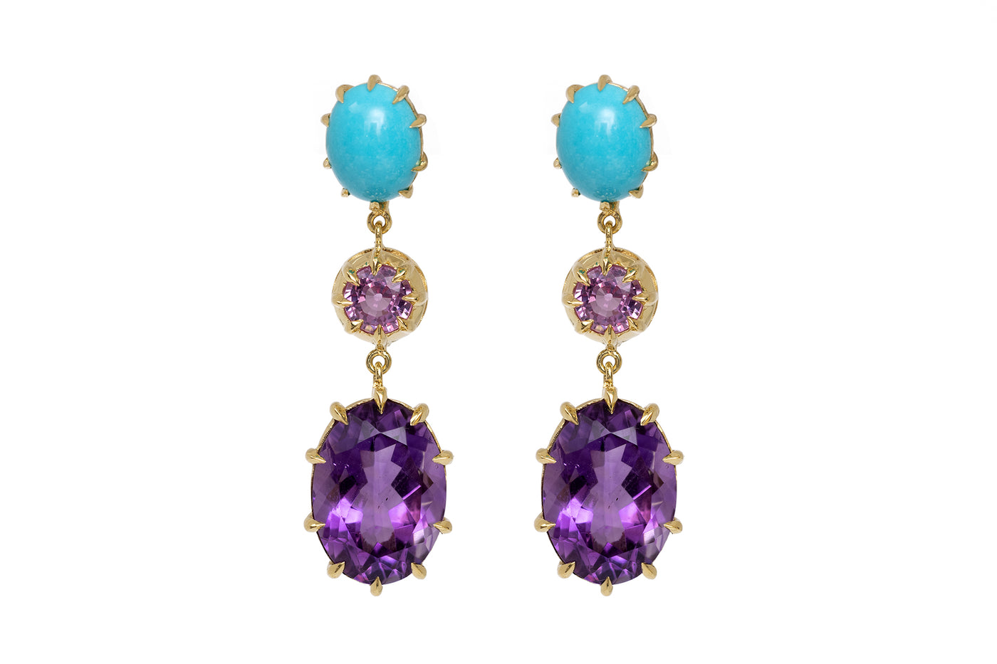 Turquoise Pink Sapphire and Amethyst Earrings