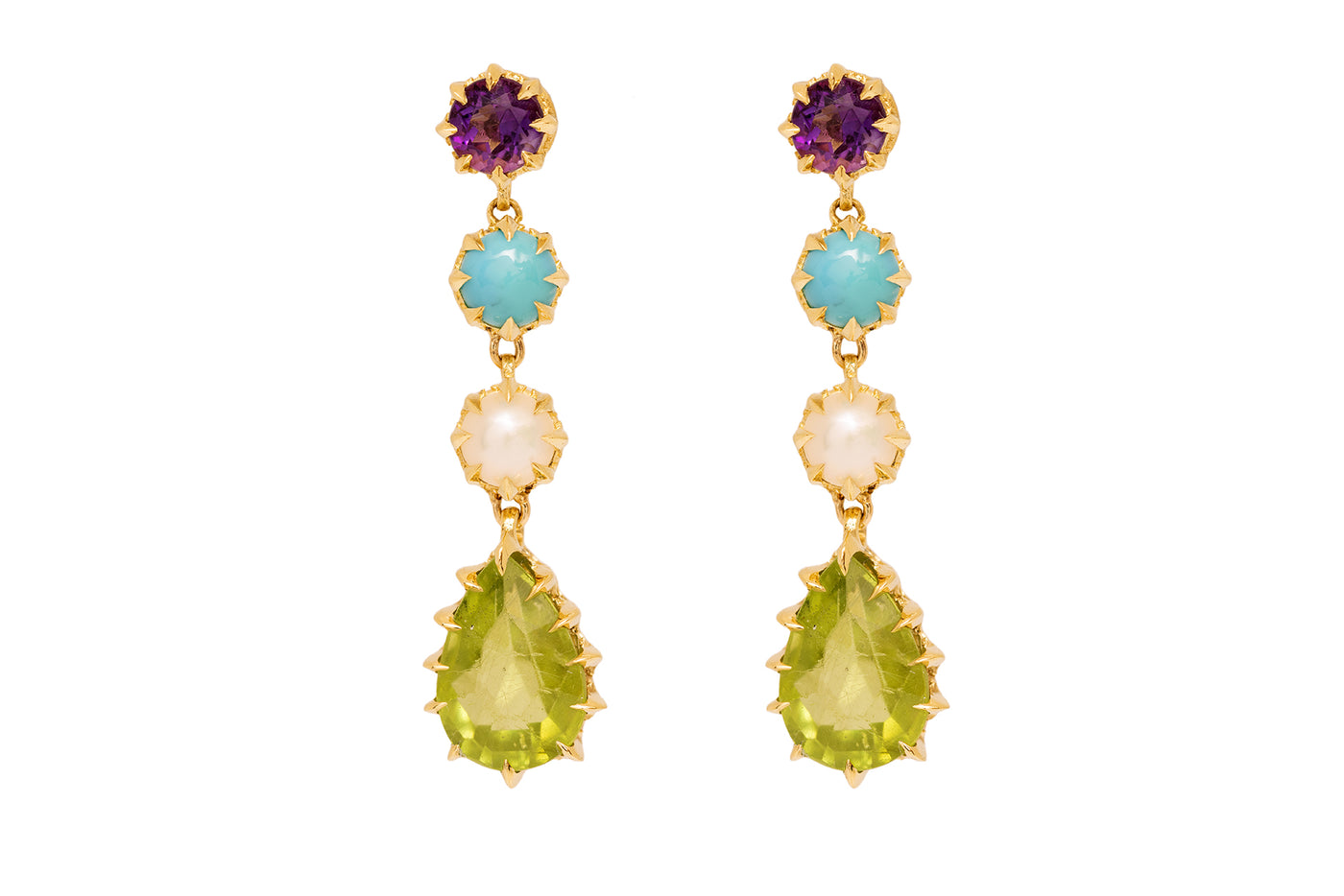 Pink Sapphire, Turquoise, Pearl, and Peridot Victorian Drop Earrings