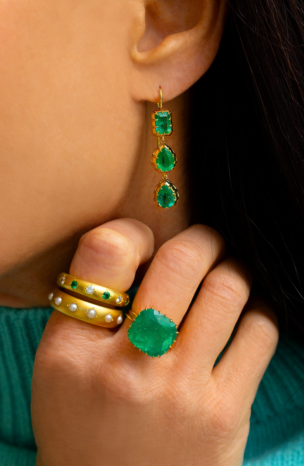 3 Stone Emerald Drop Earrings