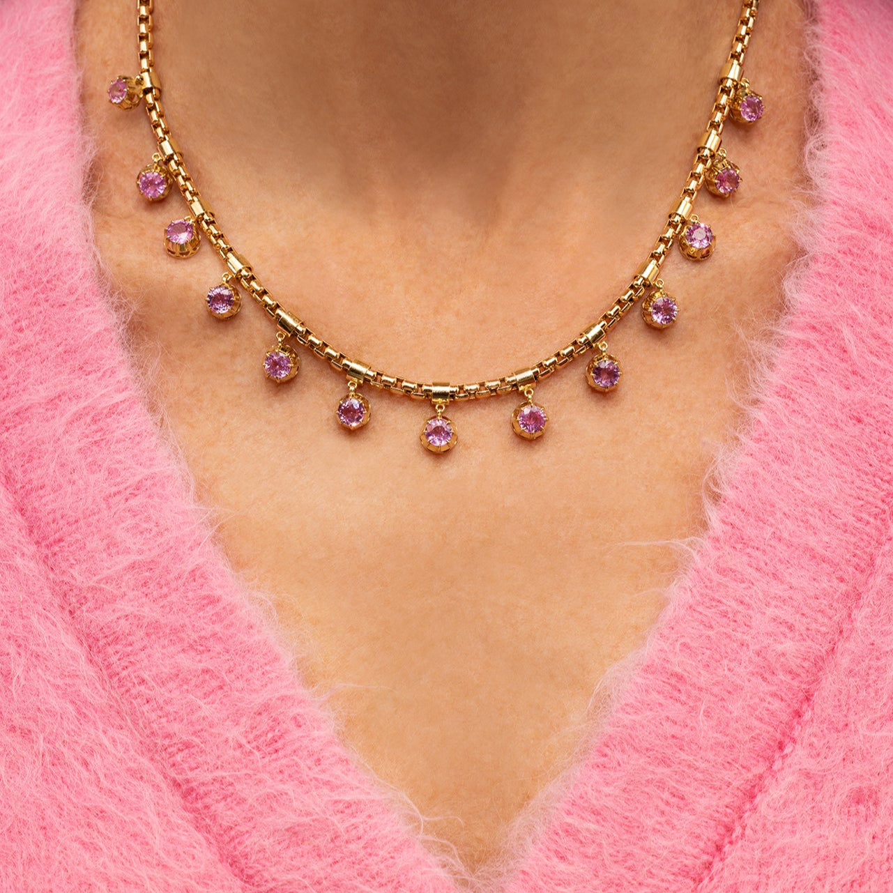 Pink Sapphire Box Fringe Necklace