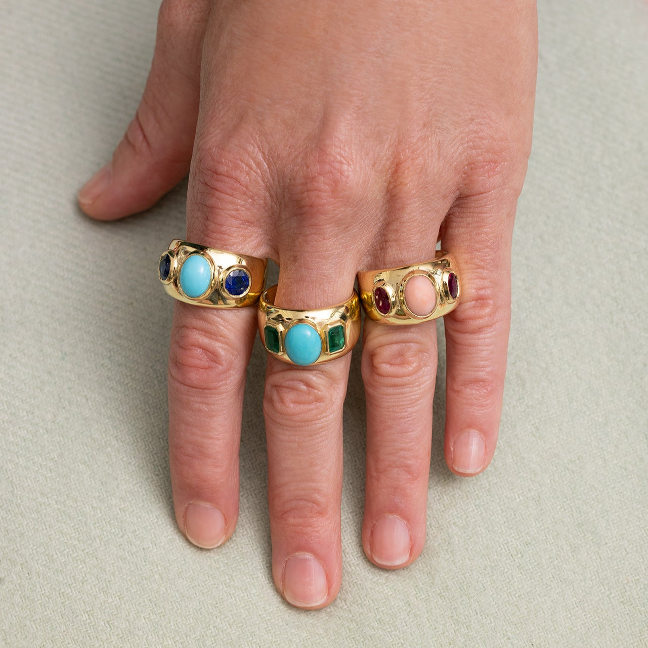 Three Stone Blue Sapphire and Turquoise Ring