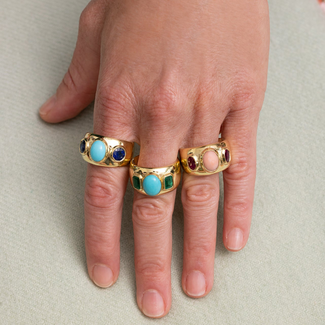 Three Stone Pink Sapphire and Coral Ring