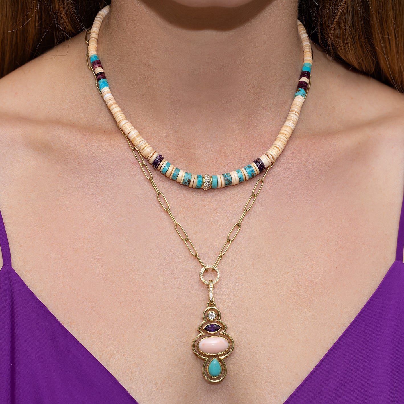 Turquoise and Cream Heishi Beaded Necklace