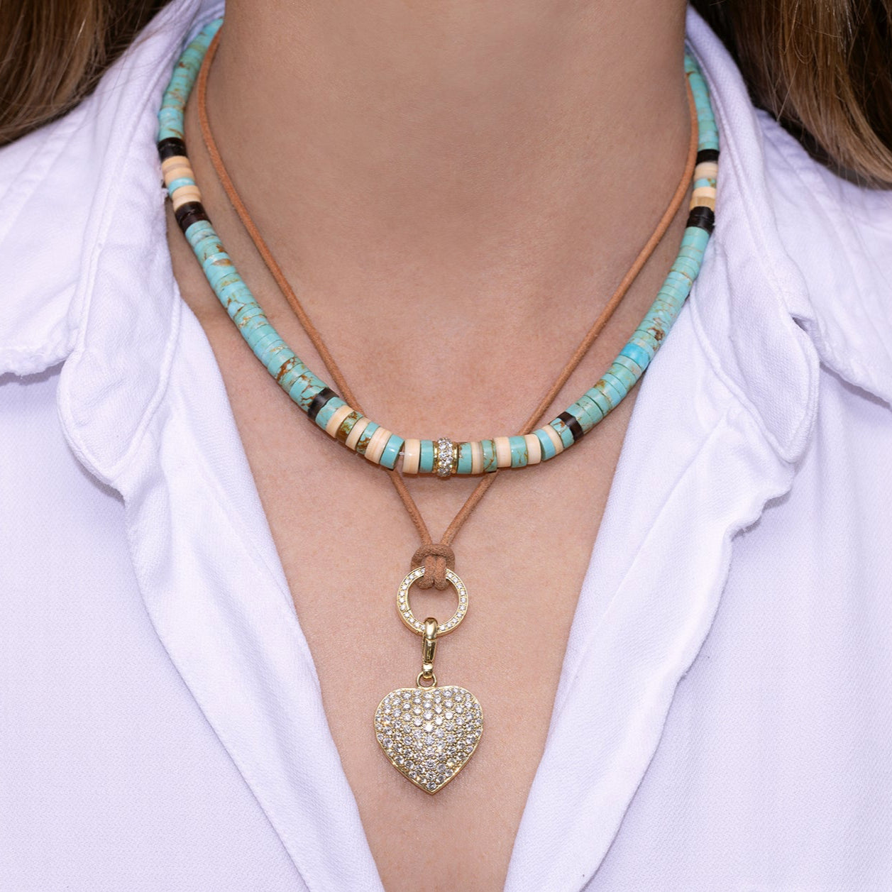 Turquoise Cream and Brown Heishi Beaded Necklace