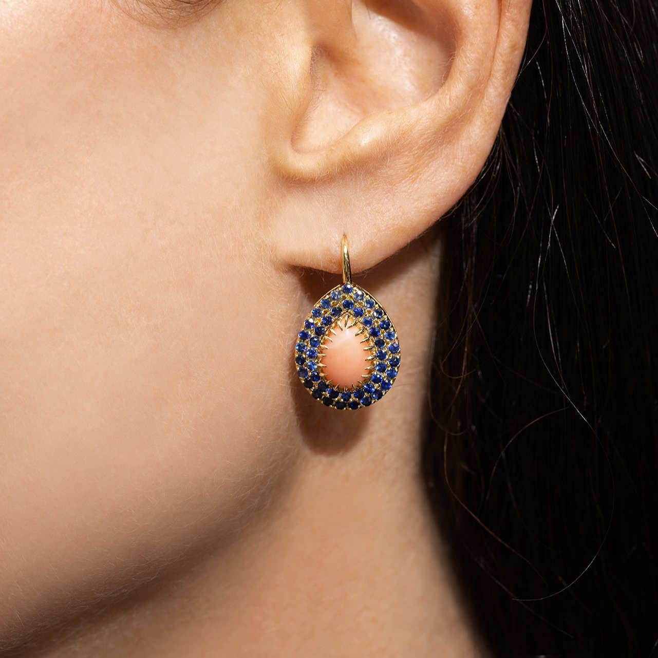 Blue Sapphire and Coral Pear Earrings