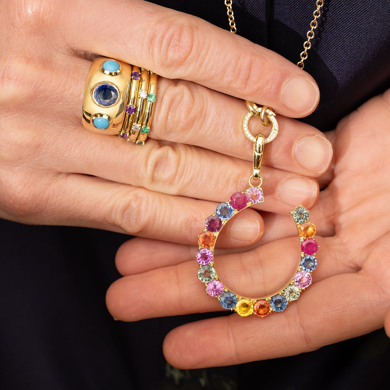 Rainbow Sapphire Horseshoe Charm