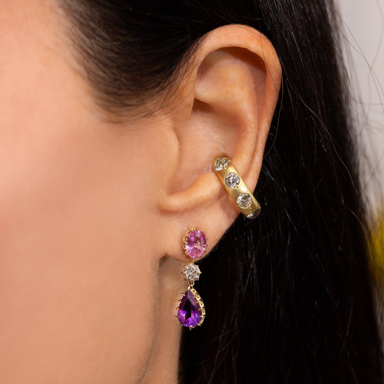 Pink Sapphire, Diamond, and Amethyst Victorian Drop Earrings