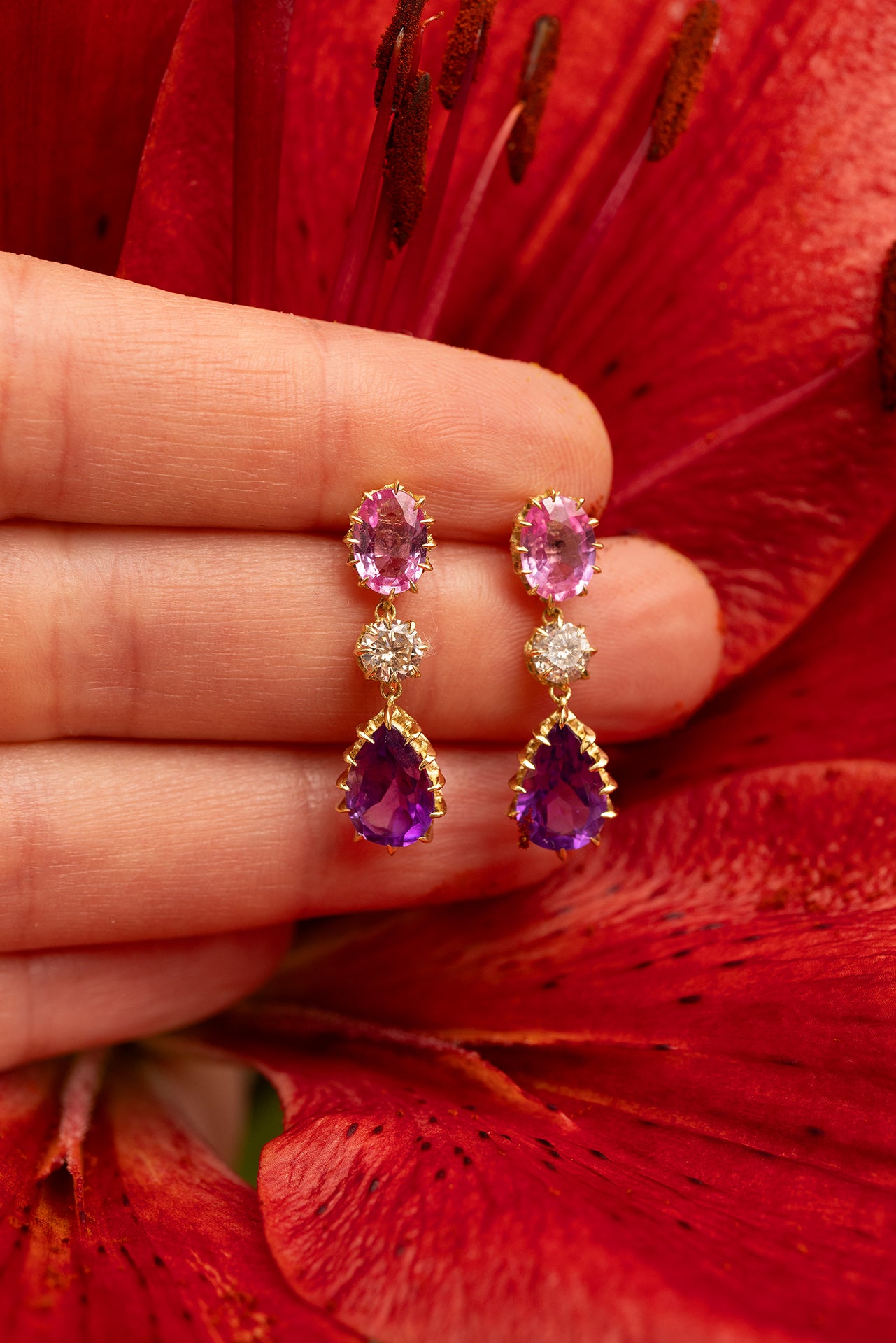 Victorian Pink Sapphire, Diamond, and Amethyst Drop Earrings