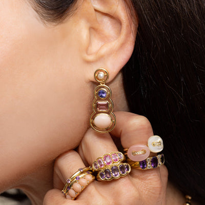 Pearl, Blue Amethyst, Pink Tourmaline, & Coral Morse Code Earrings