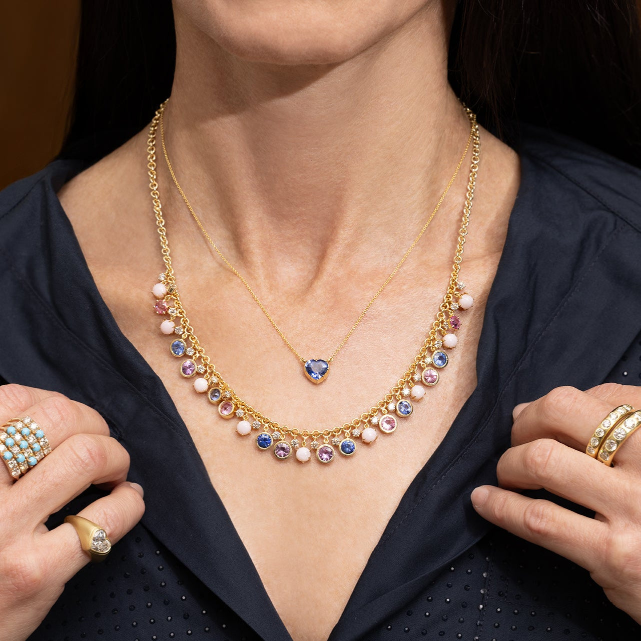 Blue Sapphire, Pink Sapphire, and Coral Confetti Fringe