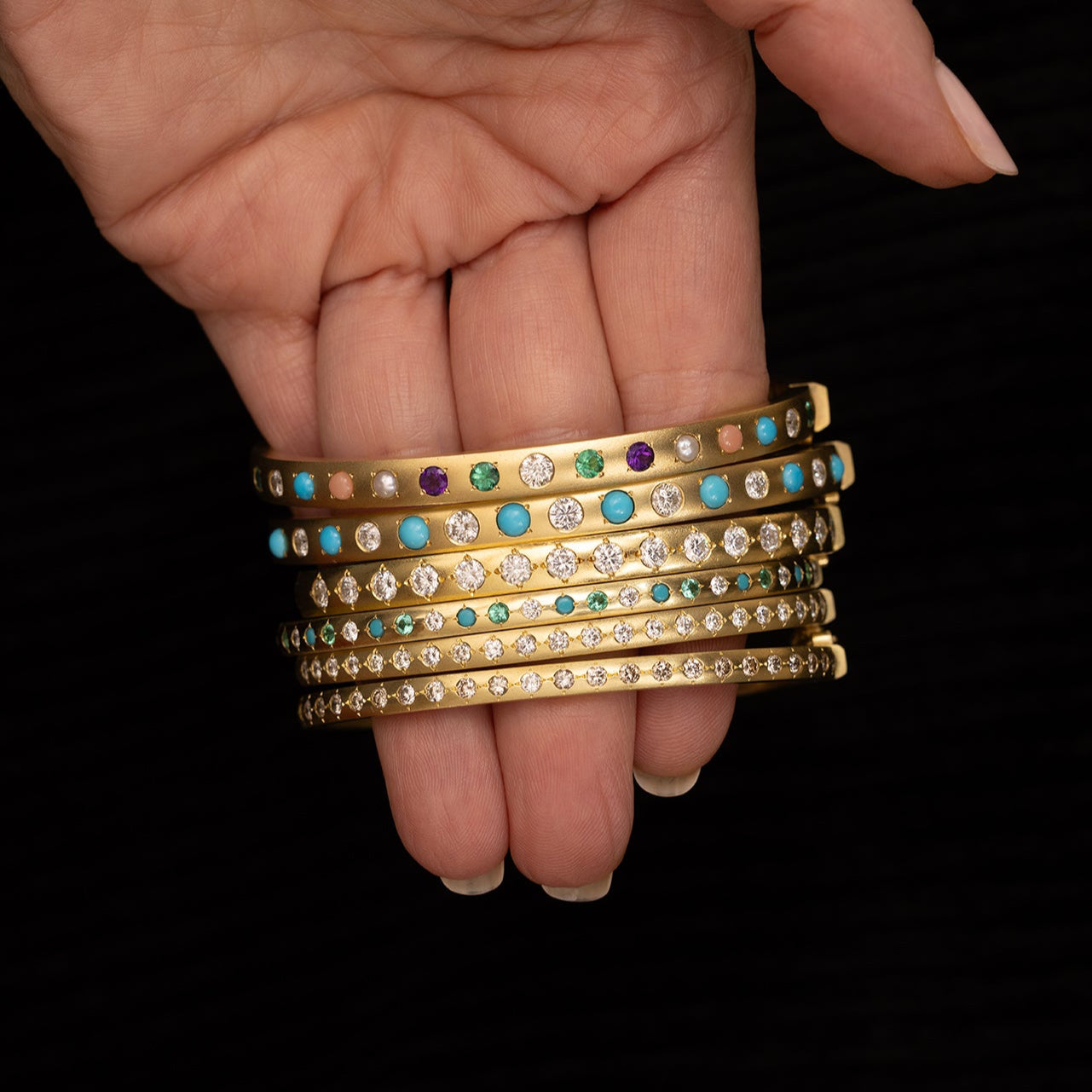 Emerald,  Diamond, Turquoise, Coral, Pearl and Blue Sapphire Gypsy Bangle