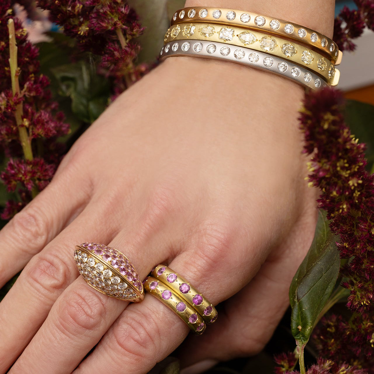 Pink Sapphire and Diamond Pave Eclipse Ring