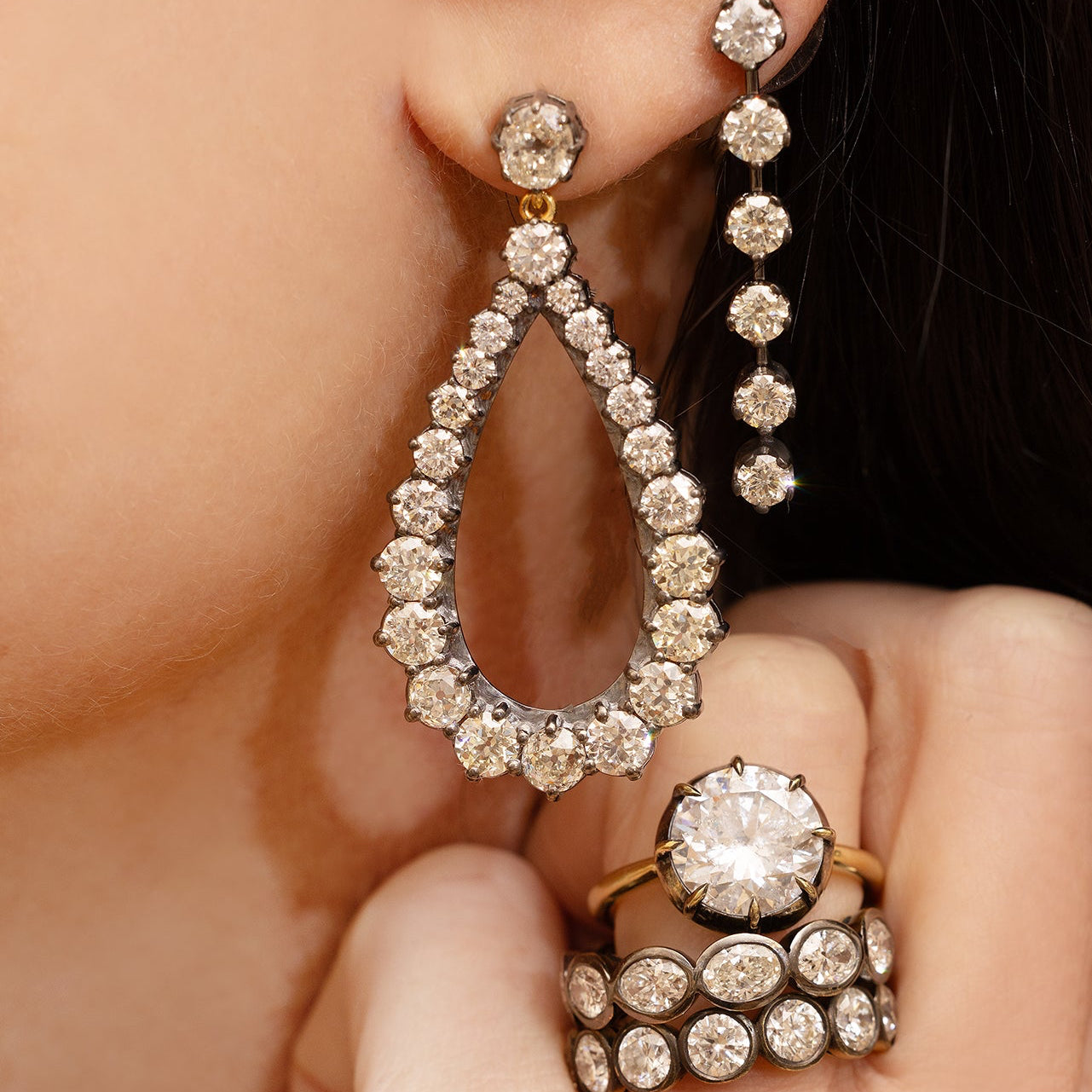 Blackened Diamond Chandelier Hoops
