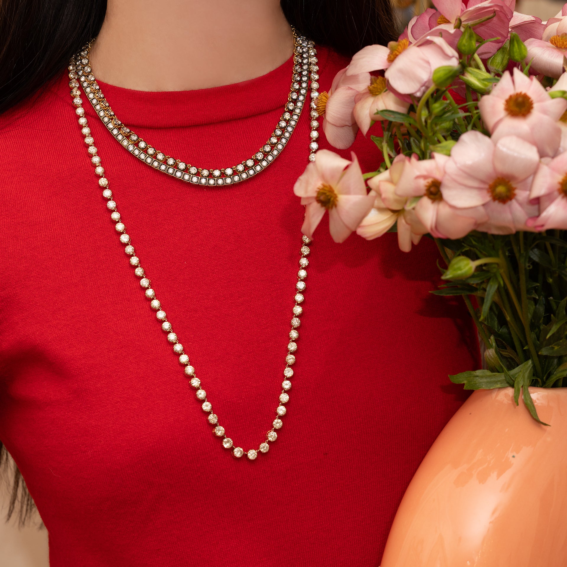 Long Two Toned Diamond Riviere Necklace