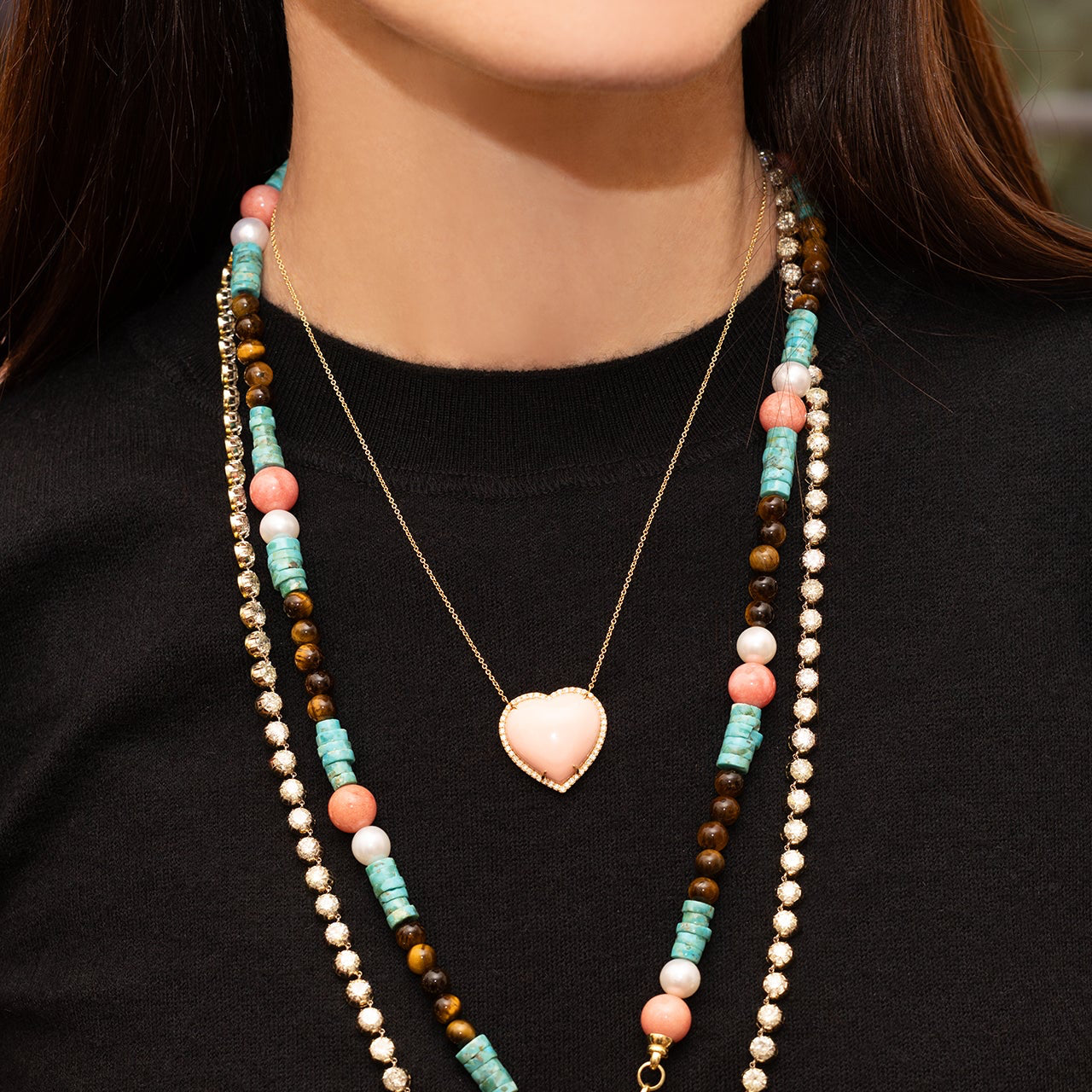 Coral Heart in Diamond Frame Necklace