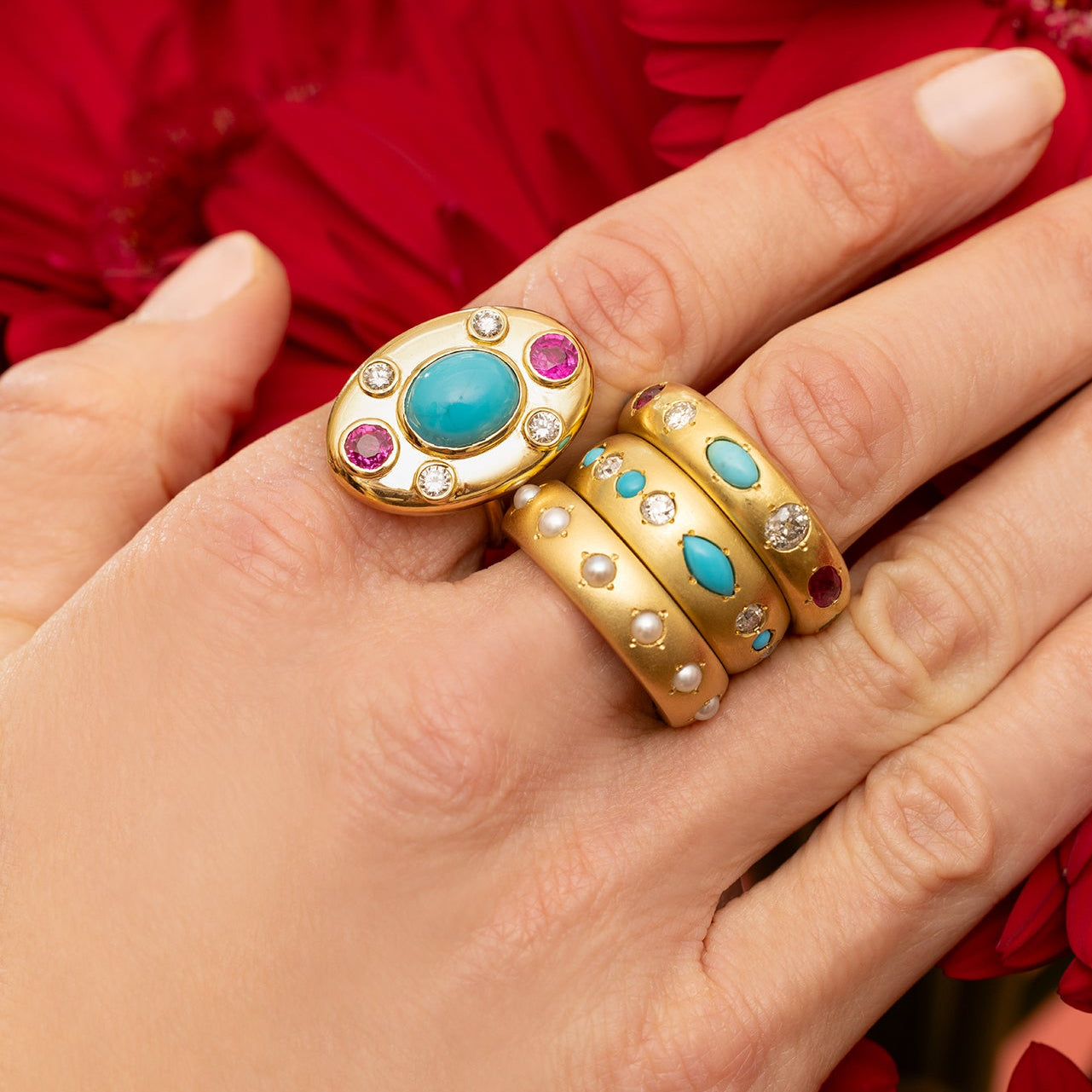 Diamond, Turquoise and Ruby Oval Ring