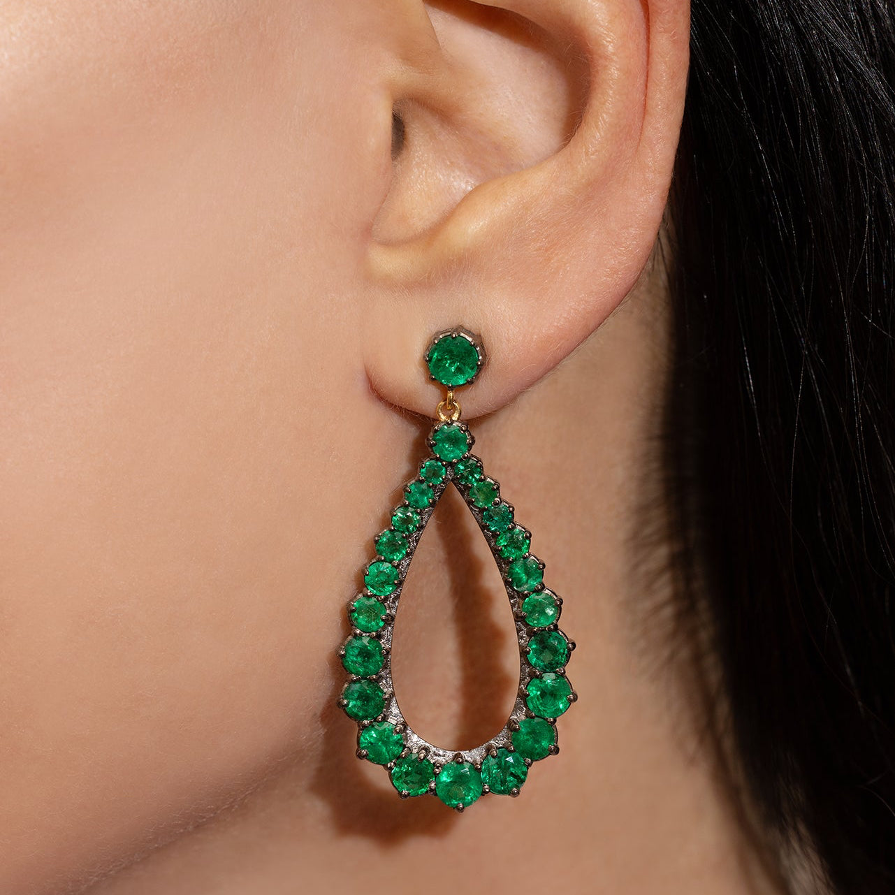 Blackened Emerald Chandelier Hoops