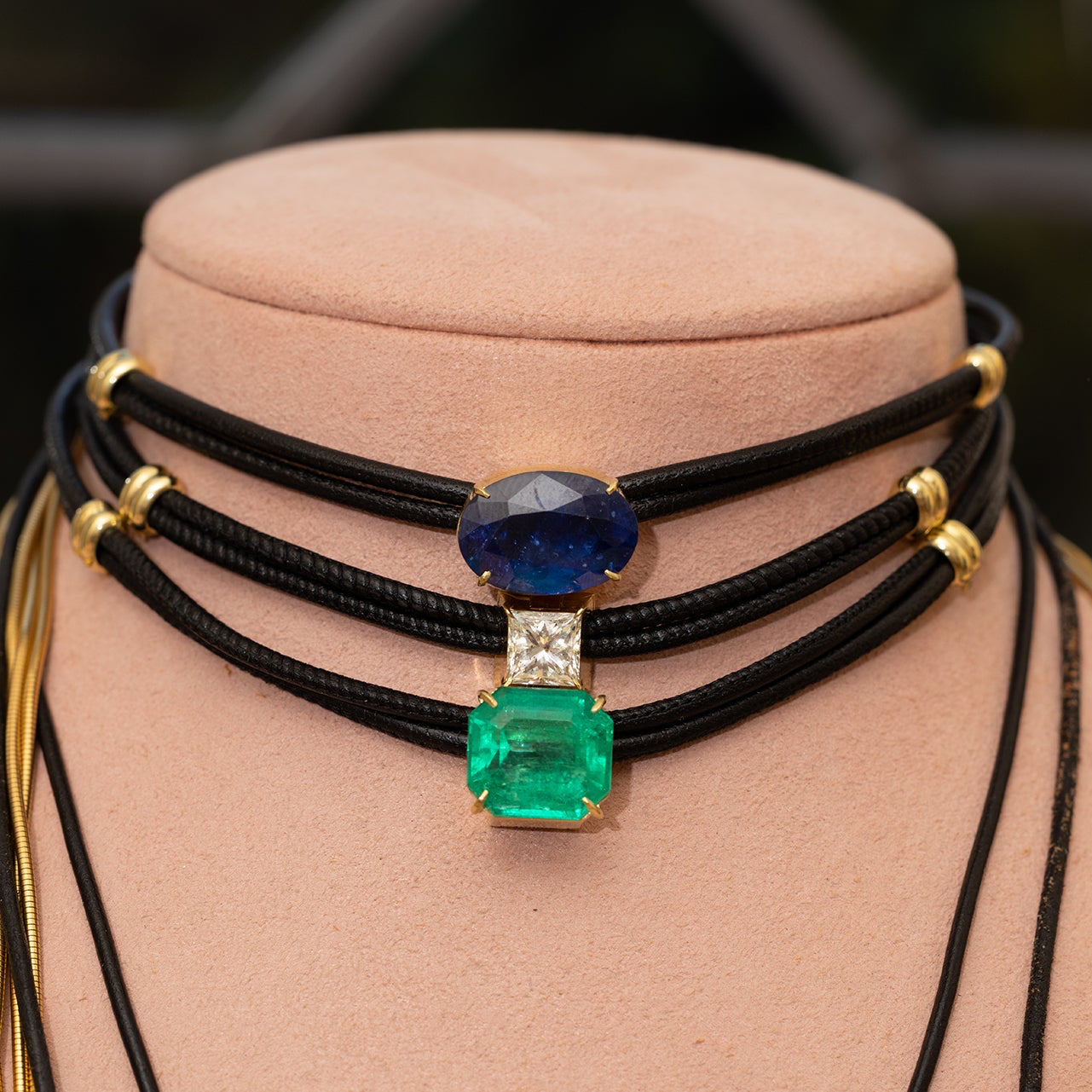 Emerald on Black Leather Necklace