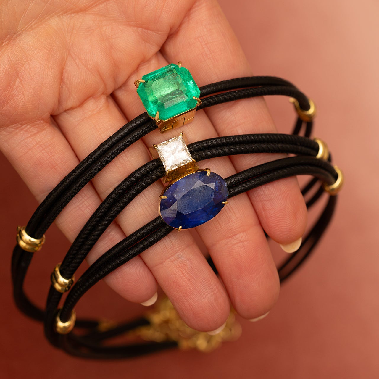 Emerald on Black Leather Necklace