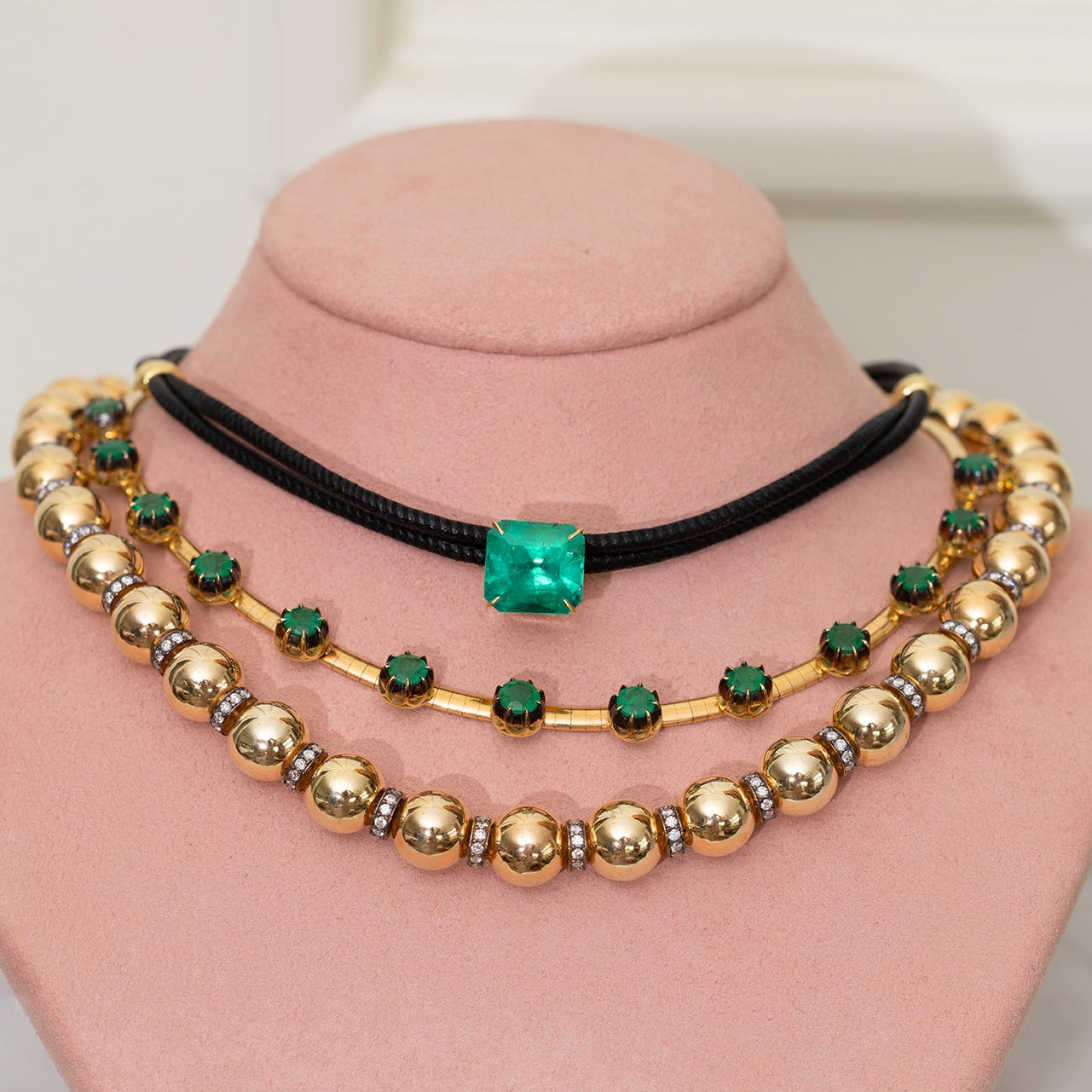 Emerald on Black Leather Necklace