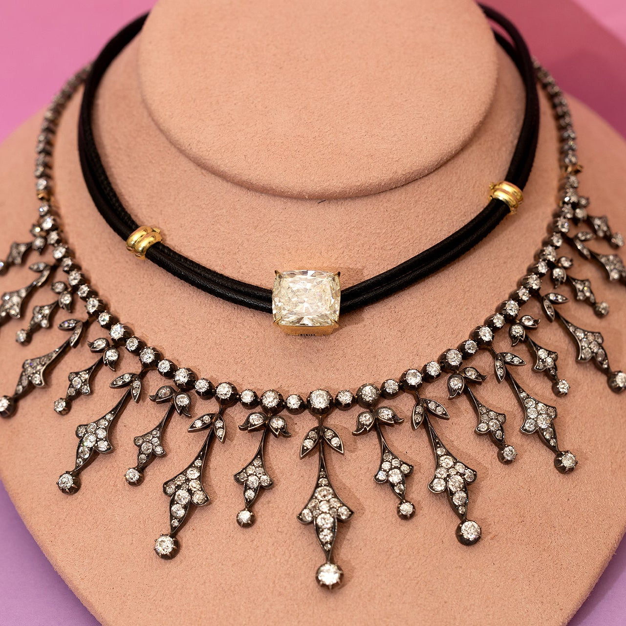 Diamond on Black Leather Necklace