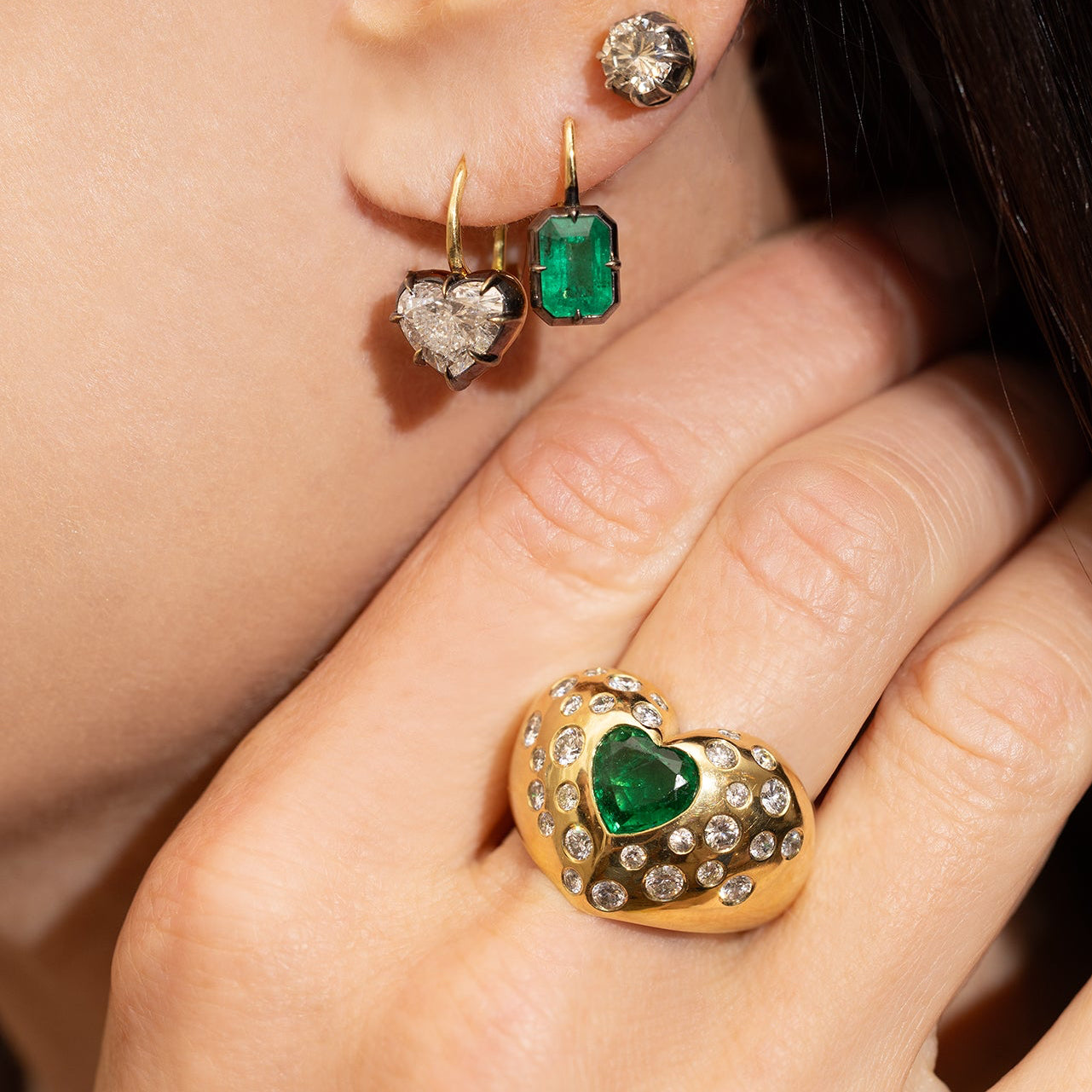 Emerald and Diamond Gypsy Heart Ring