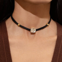 Diamond on Black Leather Necklace