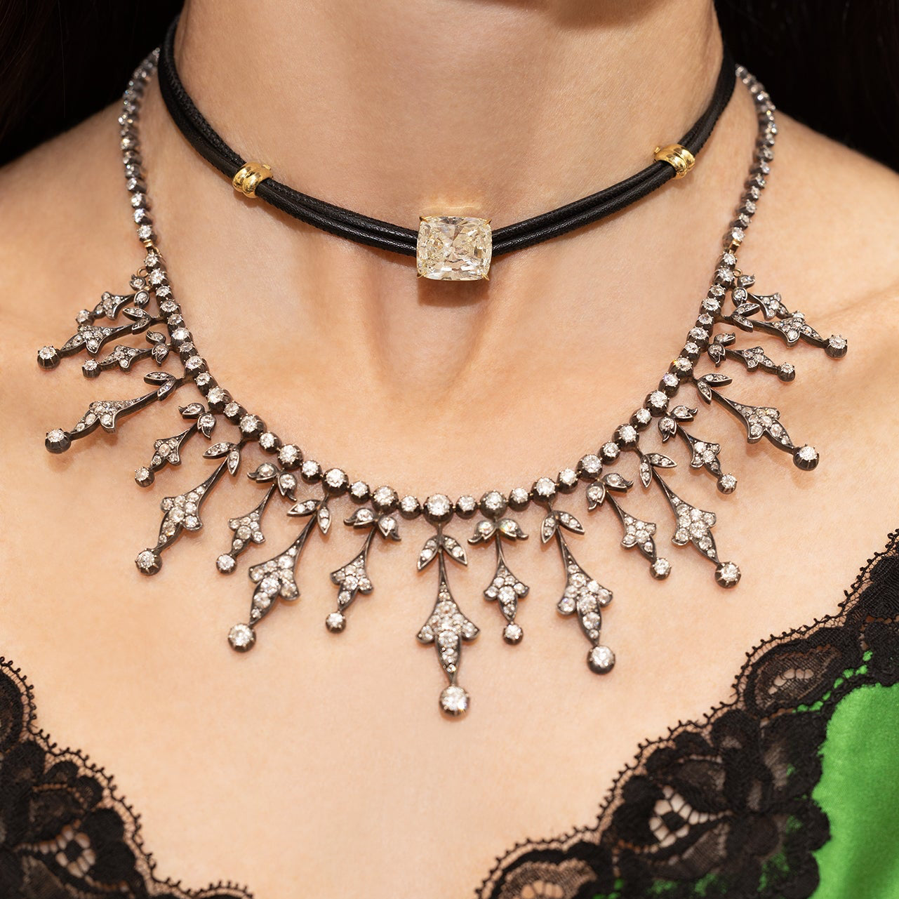 Diamond on Black Leather Necklace