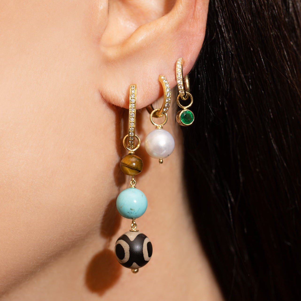Diamond Hoops with 3 Drop Bead Attachments