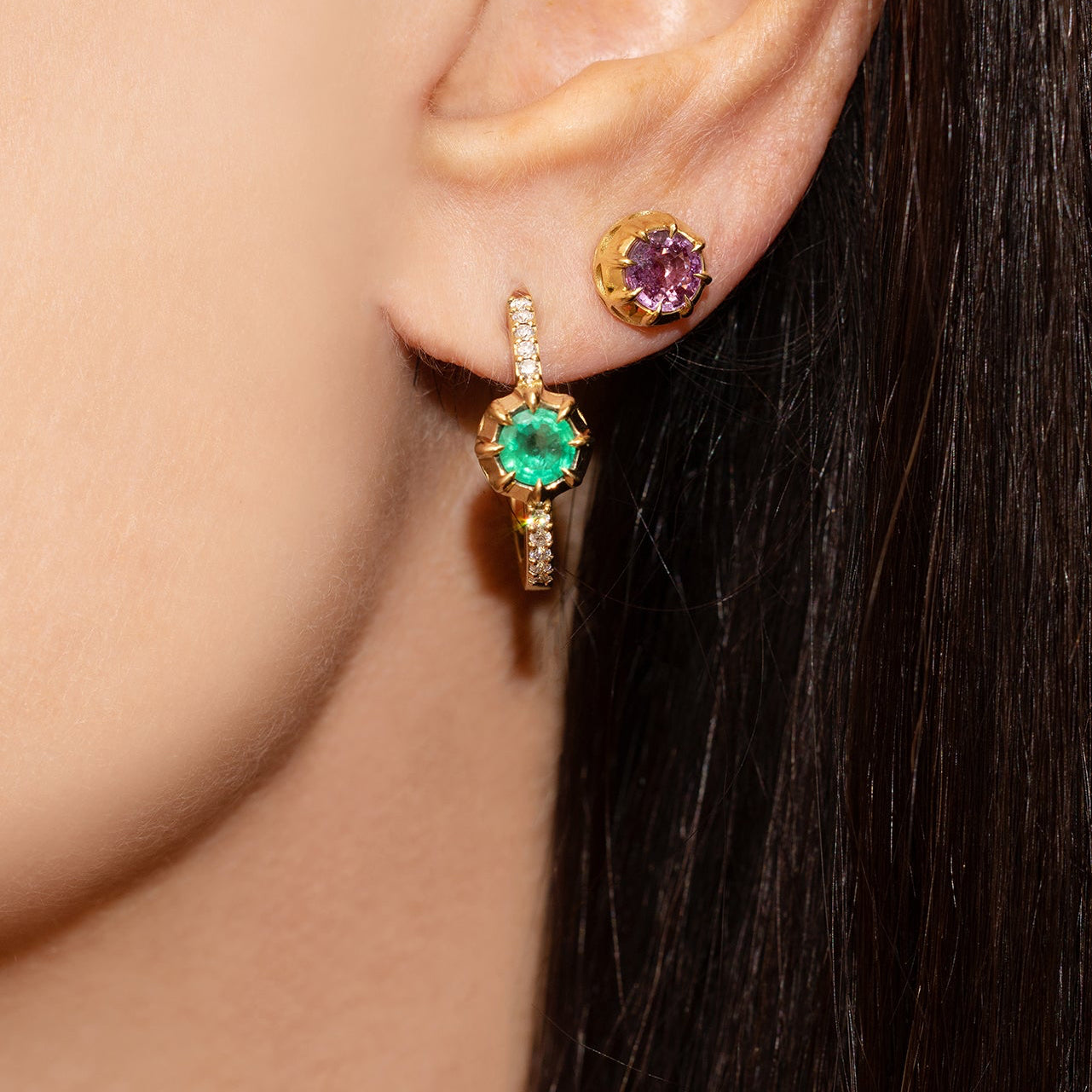 Single Stone Emerald Pave Hoops