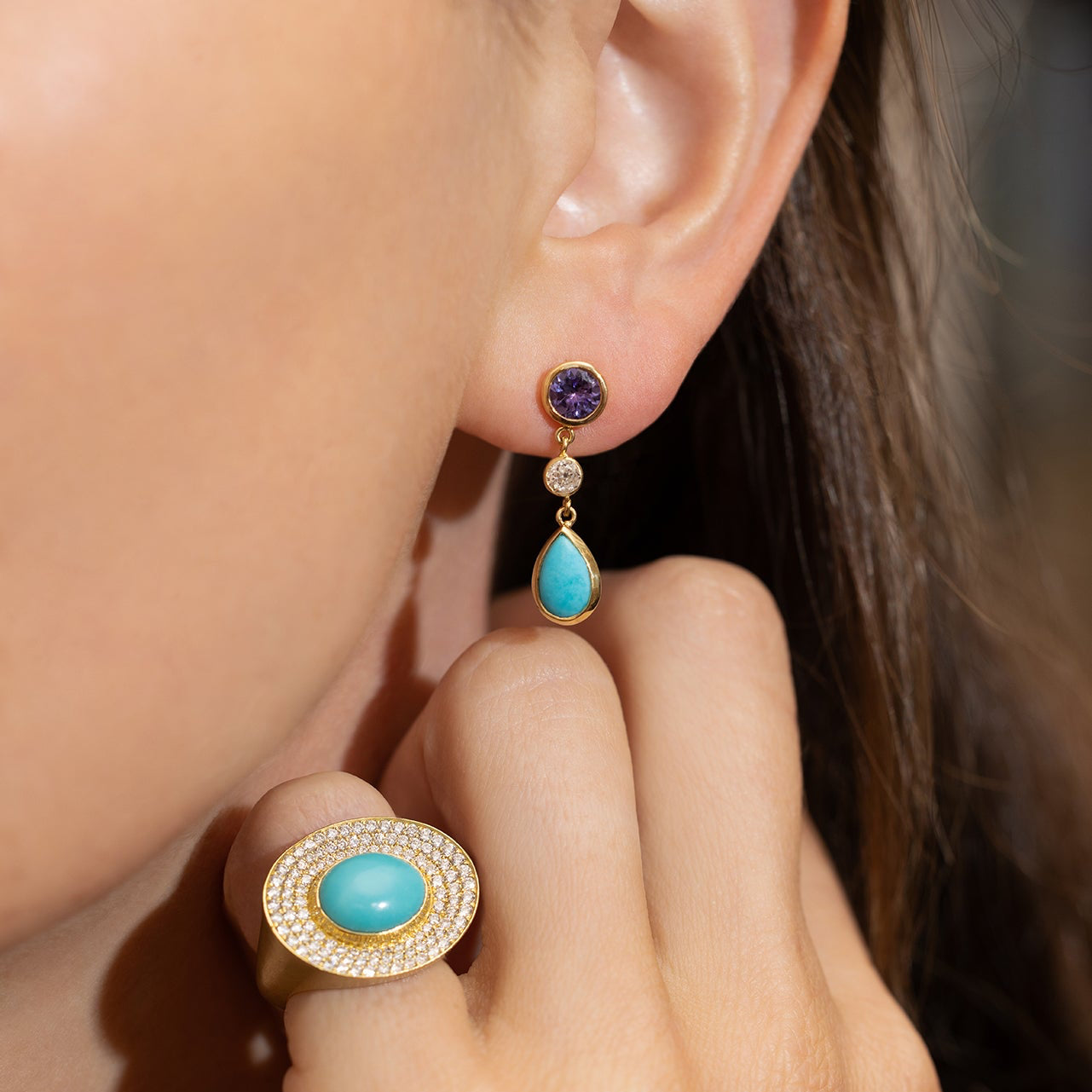 3 Drop Bezel Earrings