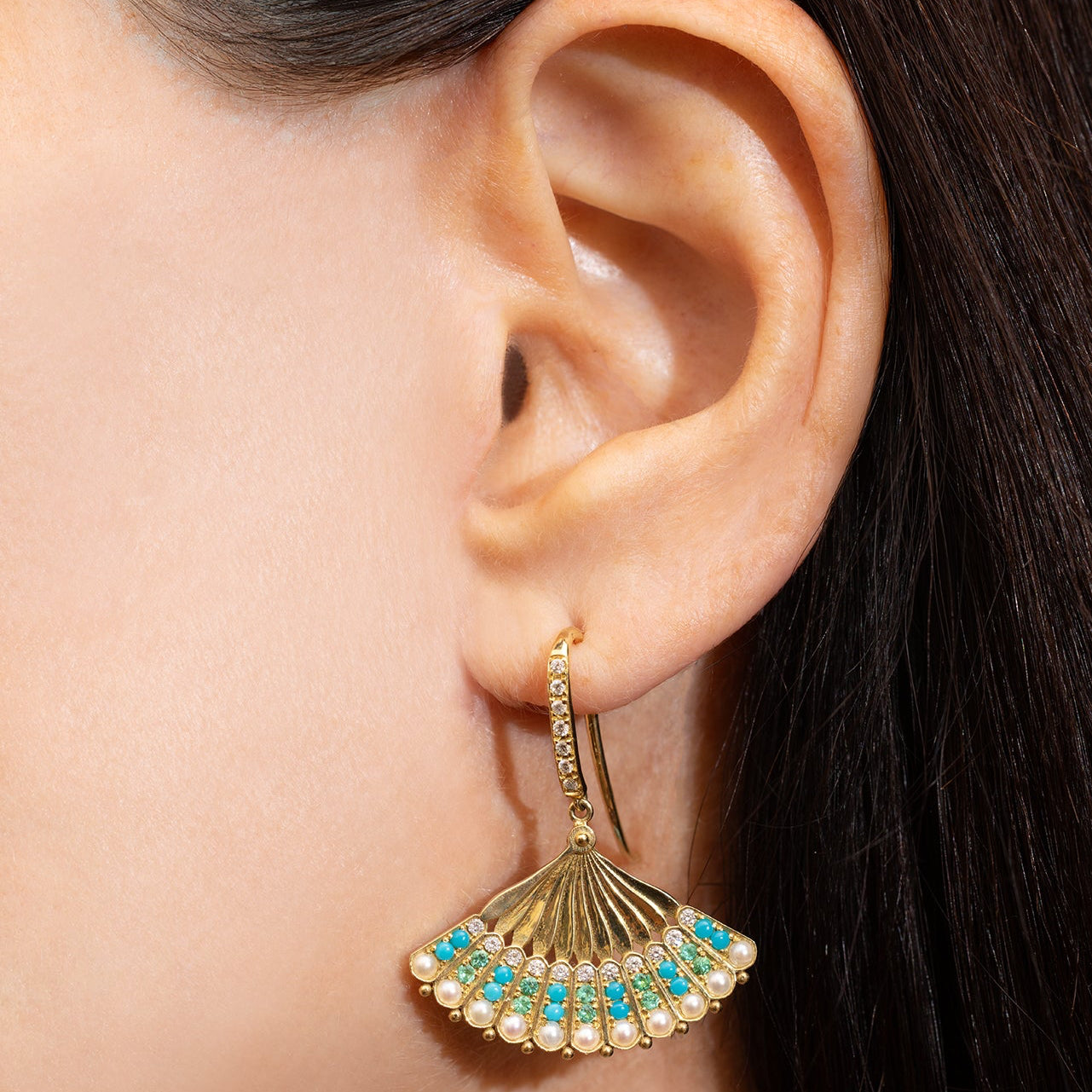 Turquoise, Emerald and Pearl Fan Earrings