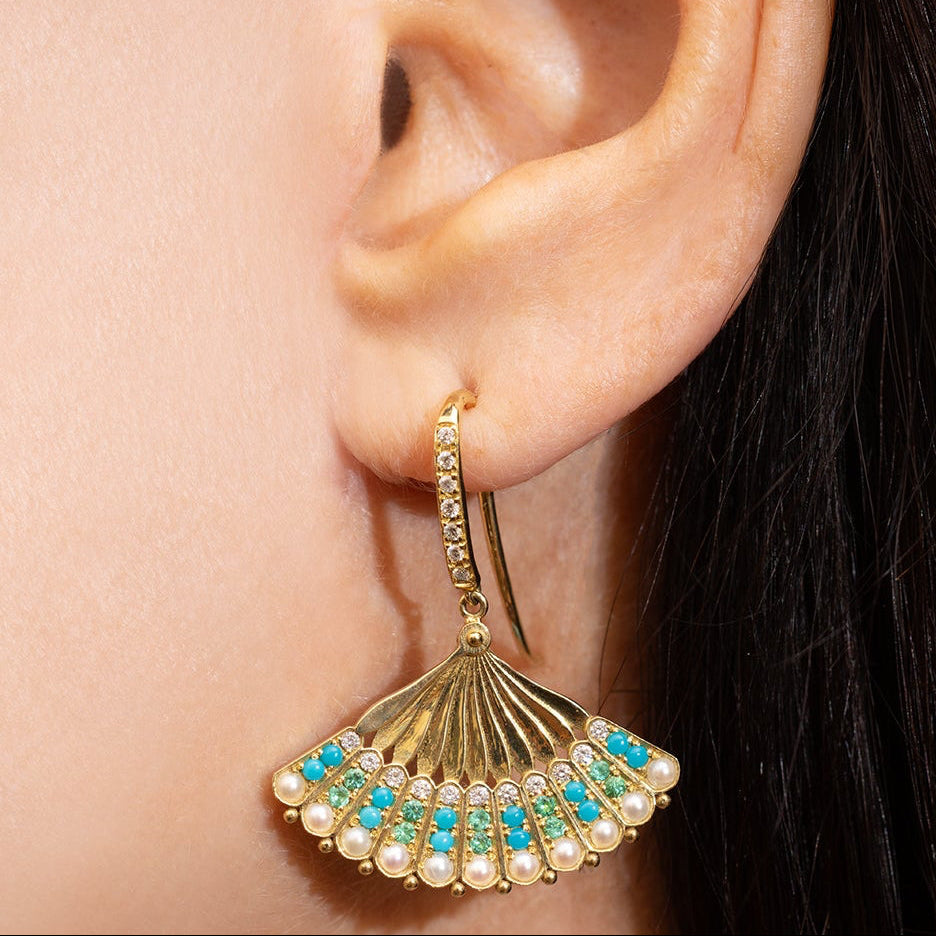 Turquoise, Emerald and Pearl Fan Earrings