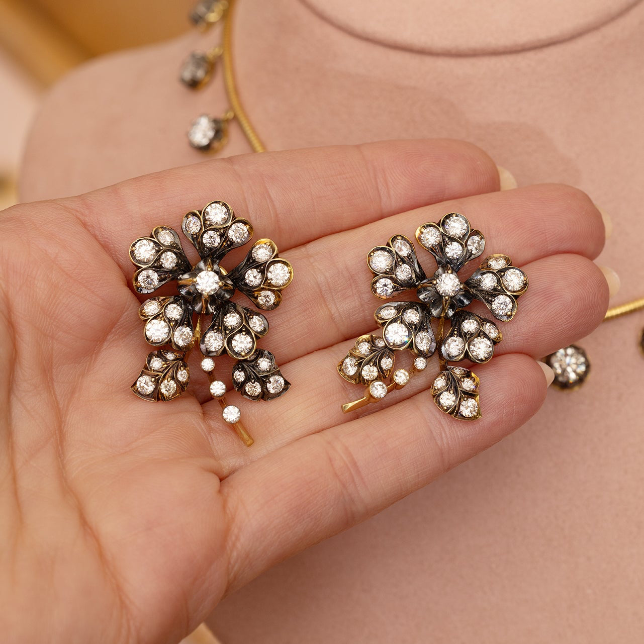 Blackened Diamond Flower Earrings