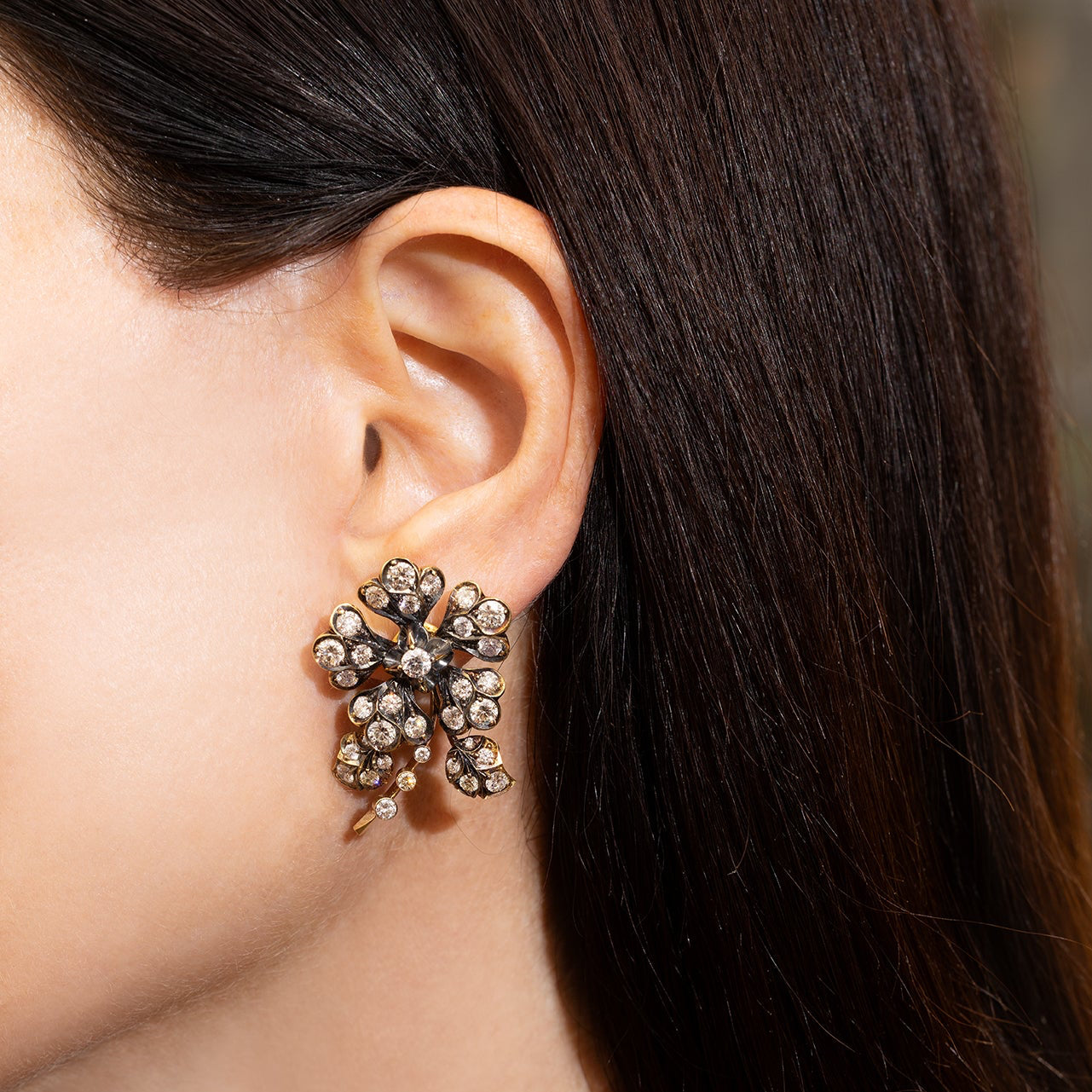 Blackened Diamond Flower Earrings