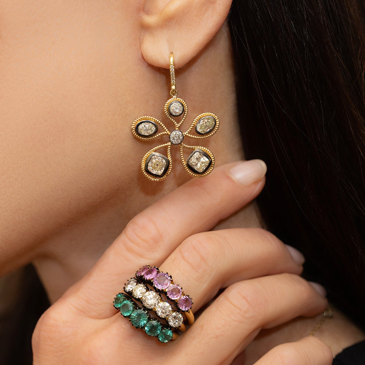Paisley Blackened Diamond Flower Earrings