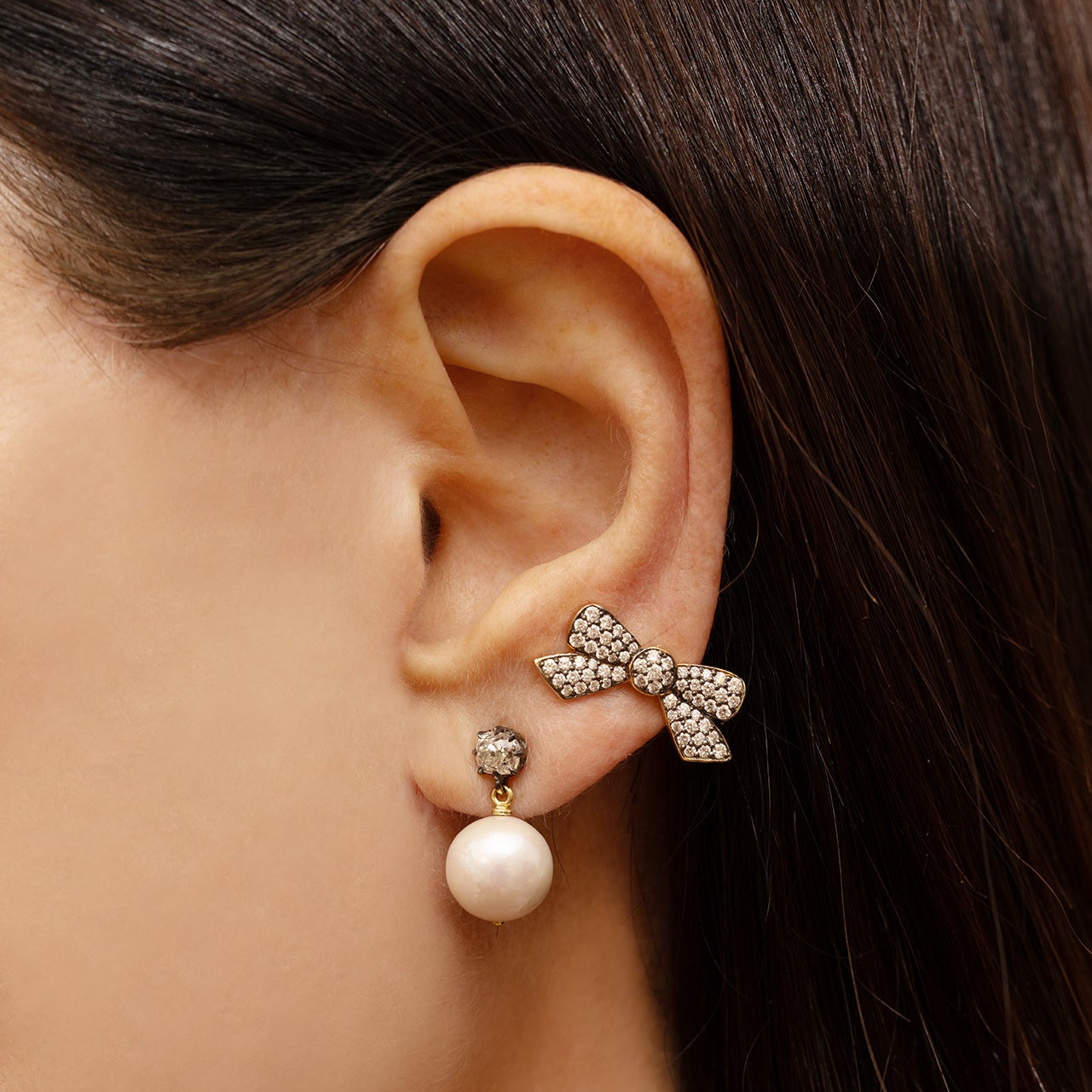 Pearl and Blackened Diamond Drop Earrings