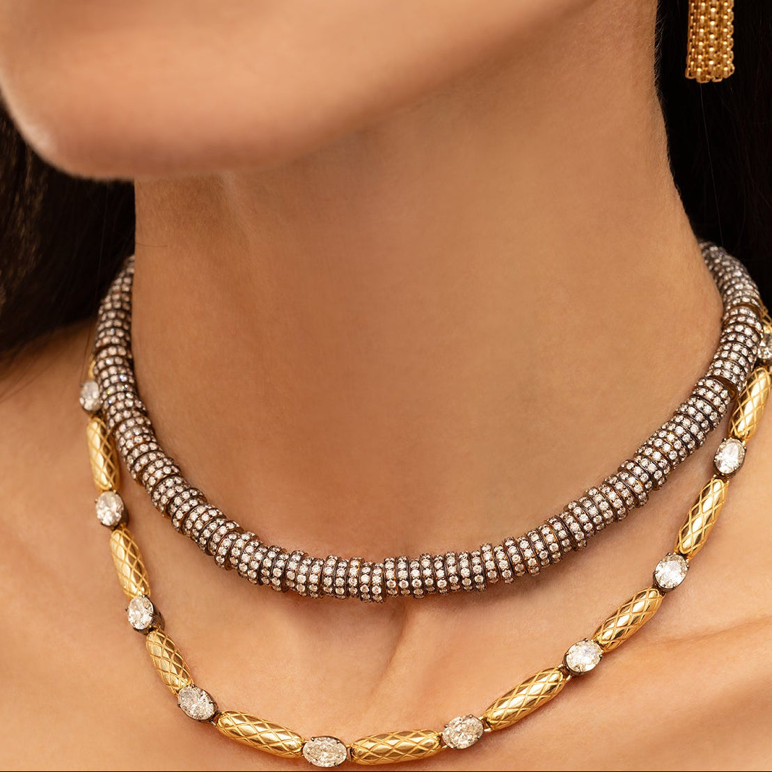 Gold Snake Bead and Diamond Chain