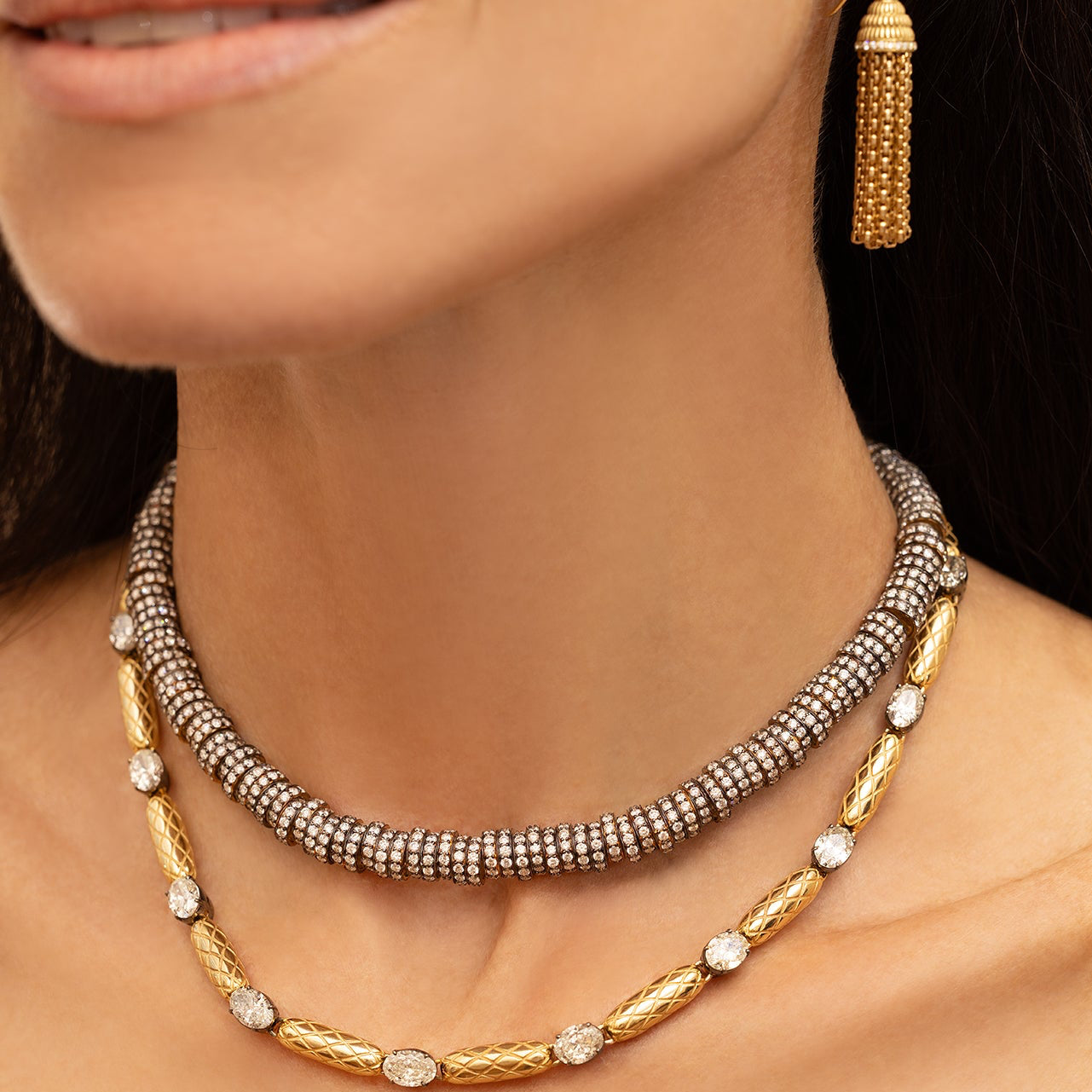 Gold Snake Bead and Diamond Chain