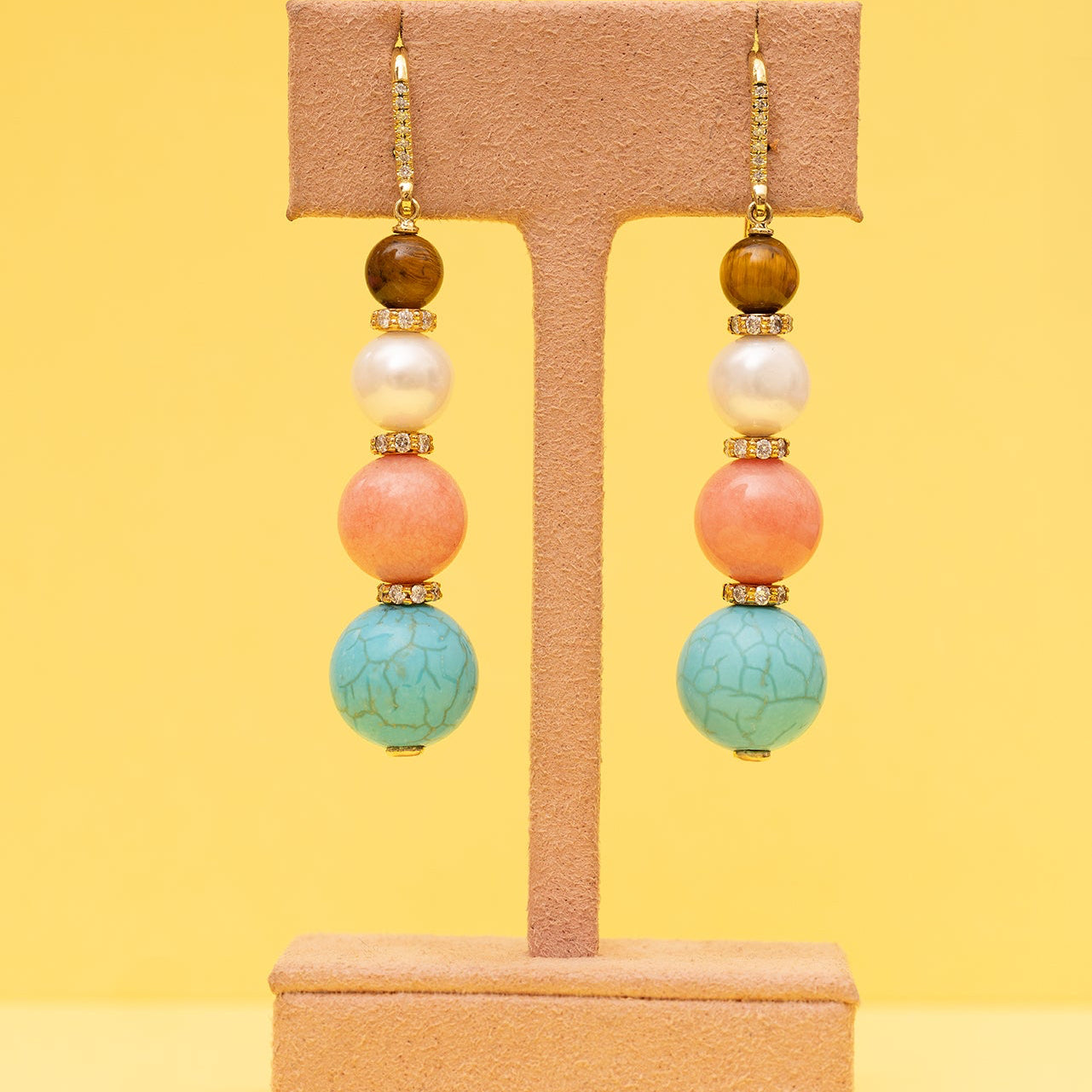Tigers Eye, Pearl, Coral and Turquoise Drop Earrings