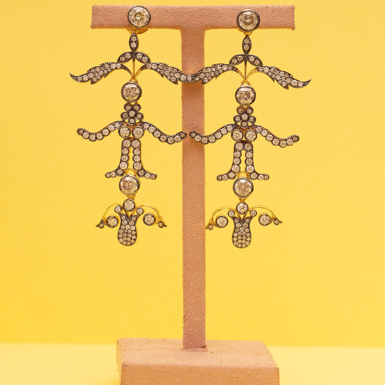 Blackened Diamond Tiered Leaf Earrings
