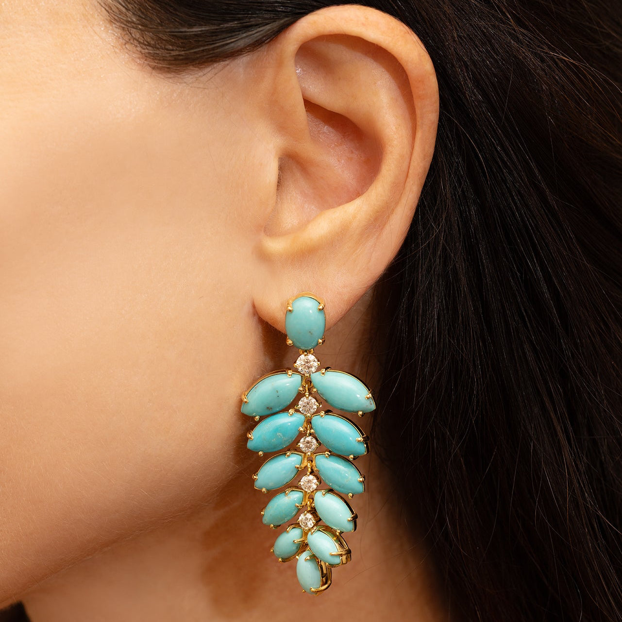 Turquoise and Diamond Leaf Earrings