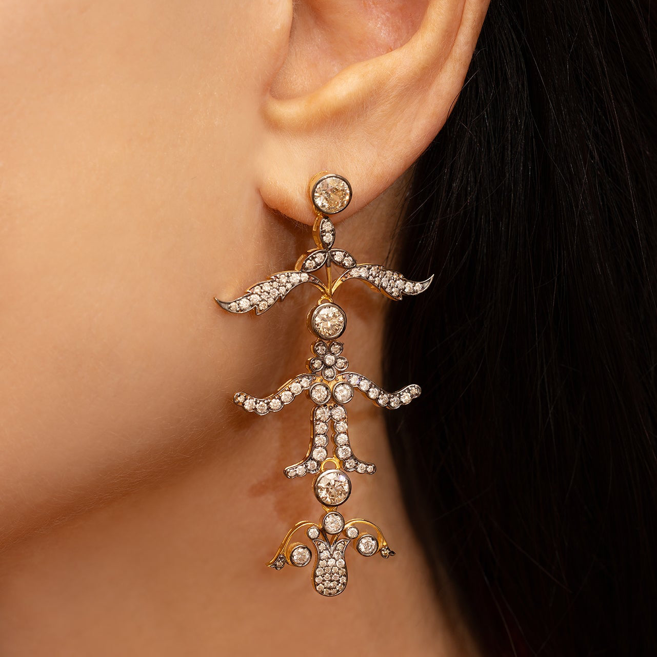 Blackened Diamond Tiered Leaf Earrings
