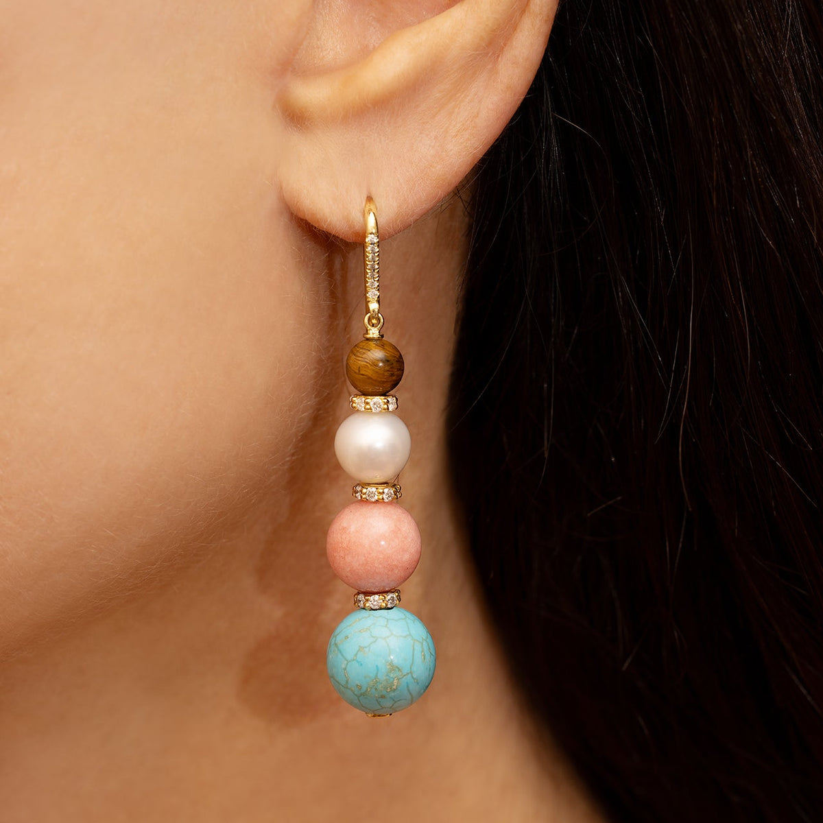 Tigers Eye, Pearl, Coral and Turquoise Drop Earrings