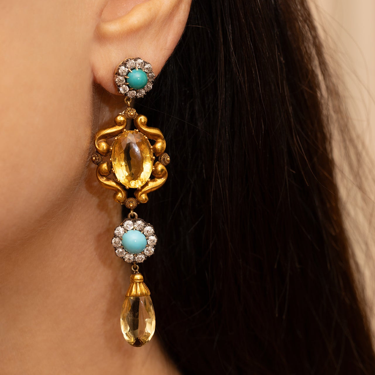 Vintage Turquoise, Diamond, and Citrine Drop Earrings